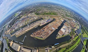 Aerial view, Duisburg-Ruhrort harbour with oil island, coal island and scrap island, A59 motorway,