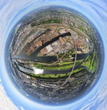 Aerial view, Duisburg-Ruhrort harbour with oil island, coal island and scrap island, A59 motorway,