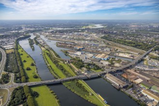 Aerial view, duisport port Duisburg with oil island, coal island and scrap island, motorway A59