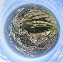 Aerial view, harbour Duisburg-Ruhrort with oil island, coal island and scrap island, river Ruhr and