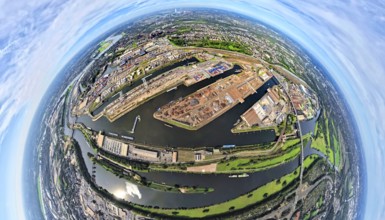 Aerial view, Duisburg-Ruhrort harbour with oil island, coal island and scrap island, A59 motorway,