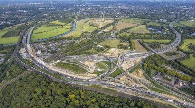 Aerial view, motorway junction Kaiserberg with construction site, motorway A40 and A3, behind