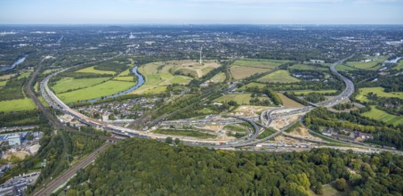 Aerial photo, panoramic photo of the Kaiserberg motorway junction with construction site, A40 and