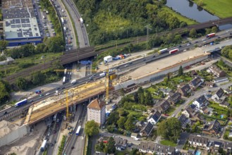Aerial view, Kaiserberg motorway junction with construction site and bridge construction,