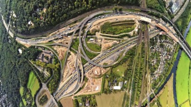 Aerial view, Kaiserberg motorway junction with construction site, globe, fisheye image, 360 degree