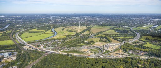 Aerial photo, panoramic photo of the Kaiserberg motorway junction with construction site, A40 and