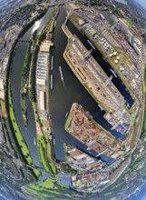 Aerial view, Duisburg-Ruhrort harbour with oil island, coal island and scrap island, A59 motorway,
