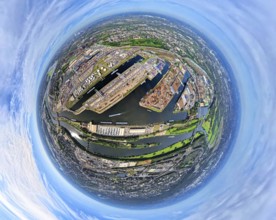 Aerial view, Duisburg-Ruhrort harbour with oil island, coal island and scrap island, A59 motorway,
