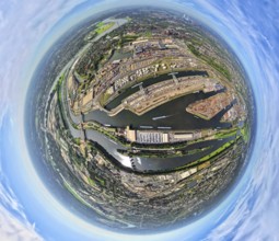 Aerial view, harbour Duisburg-Ruhrort with oil island, coal island and scrap island, river Ruhr and