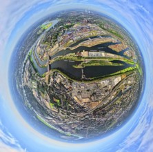 Aerial view, harbour Duisburg-Ruhrort with oil island, coal island and scrap island, river Ruhr and