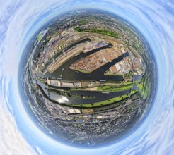 Aerial view, Duisburg-Ruhrort harbour with oil island, coal island and scrap island, A59 motorway,