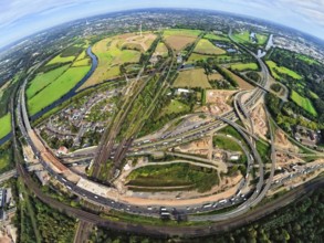 Aerial photo, Kaiserberg motorway junction with construction site, behind Styrumer Ruhrbogen energy
