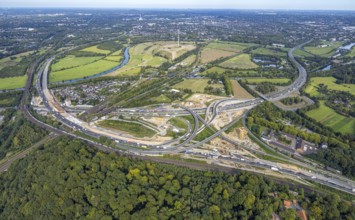 Aerial view, motorway junction Kaiserberg with construction site, motorway A40 and A3, behind