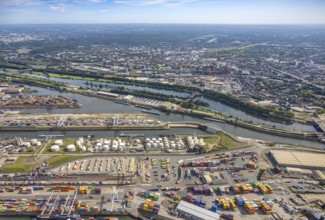 Aerial view, Duisburg harbour with Ruhrort container terminal, oil island and coal island, river