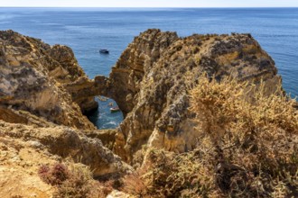 Crowds of excursion boats at the caves and rocky gates of the Ponta da Piedade rocky coast, rugged