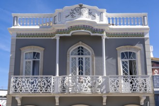 Facade of buildings in Tavira, old town, in the east of the Algarve, Portugal