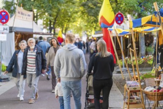 People strolling through an autumnal market with various colourful stalls, Sindelfingen, Böblingen