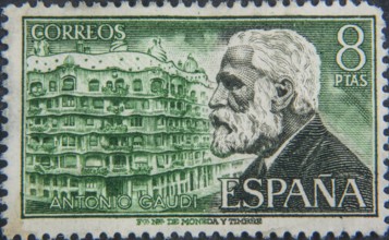 Antoni Gaudí (1852-1926) was a Catalan architect, Spain. Portrait on Spanish postage stamp