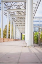 Modern colonnade with glass roof and plant environment, Munich, Germany
