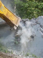 An excavator tears down a concrete structure with its shovel, surrounded by forest, dusty