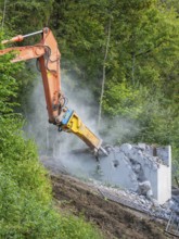 An excavator breaks a concrete wall in a green environment, dust rises, bridge demolition, Calw,