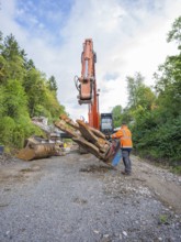 A worker uses an excavator to carry out work on tree trunks on ballast, bridge demolition, Calw,