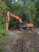 An orange excavator working on a wooded slope, bridge demolition, Calw, Germany