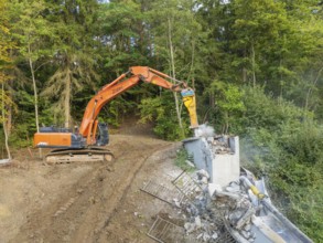 An excavator demolishes a wooden bridge in a wooded area, bridge demolition, Calw, Germany