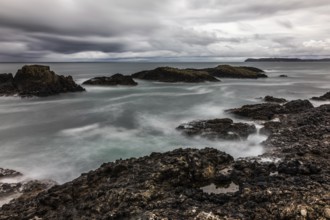 Rocky coast, offshore islands, Ballintoy Harbour, Causeway Coastal Route, Antrim, Northern Ireland,
