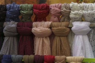 Warm and stylish scarves hanging, perfect for adding a touch of color and comfort to any outfit in