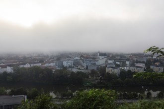 The city of Leoben in the early morning fog, Leoben, Styria, Austria