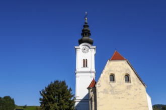 Renovated church tower, Holy Trinity Church, Trofaiach, Styria, Austria