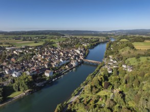 Aerial view of Diessenhofen with the historic wooden bridge over the Rhine, Canton Thurgau,