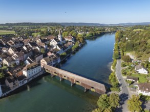 Aerial view of Diessenhofen with the historic wooden bridge over the Rhine, Canton Thurgau,