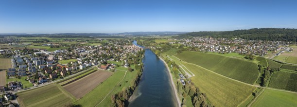 Aerial view, panorama of Diessenhofen with the historic wooden bridge over the Rhine, on the right