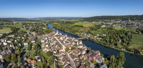 Aerial view, panorama of Diessenhofen with the historic wooden bridge over the Rhine, on the right