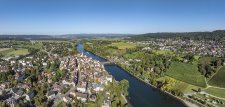 Aerial view, panorama of Diessenhofen with the historic wooden bridge over the Rhine, on the right