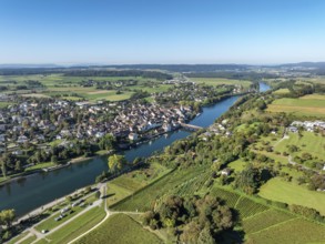 Aerial view of Diessenhofen with the historic wooden bridge over the Rhine, in the foreground a