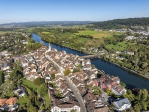 Aerial view of Diessenhofen with the historic wooden bridge over the Rhine, Canton Thurgau,