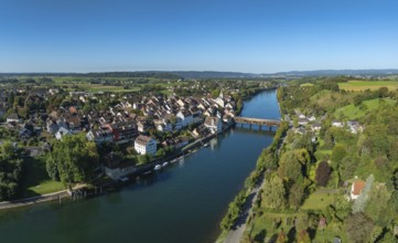 Aerial view, panorama of Diessenhofen with the historic wooden bridge over the Rhine, Canton