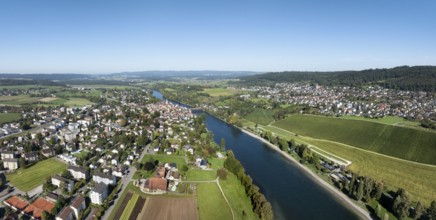 Aerial view, panorama of Diessenhofen with the historic wooden bridge over the Rhine, on the right