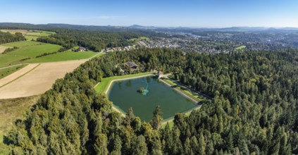 Aerial view, panorama of the Engeweiher above Schaffhausen, built in 1907 and the first pumped
