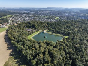Aerial view of the Engeweiher above Schaffhausen, built in 1907 and the first pumped storage plant