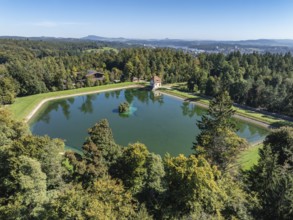 Aerial view of the Engeweiher above Schaffhausen, built in 1907 and the first pumped storage plant