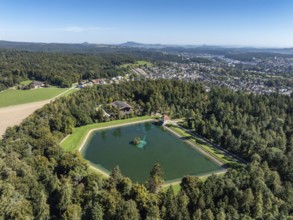 Aerial view of the Engeweiher above Schaffhausen, built in 1907 and the first pumped storage plant