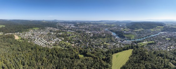Aerial view, panorama of the city of Schaffhausen with the Rhine, on the horizon the Hegau