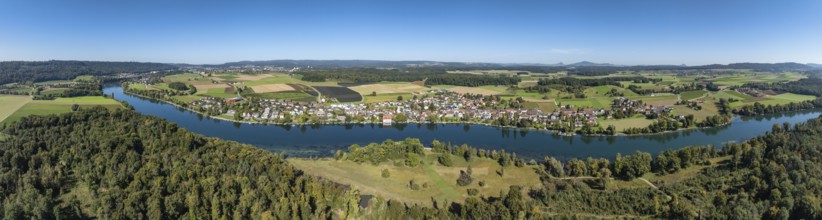 Aerial view, panorama of the municipality and enclave of Büsingen am Hochrhein, Rhine, on the right