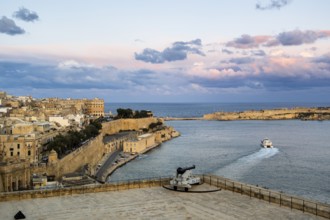 Seafront, amazing view of historic La Valletta with Lower Barrakka gardens, taken from Upper
