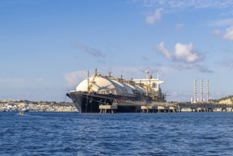 Floating Storage Unit or FSU next to power station by Marsaxlokk, south of Malta