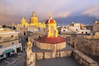 Rabat skyline with St Paul church dome on the left during sunset, Rabat Mdina, Malta